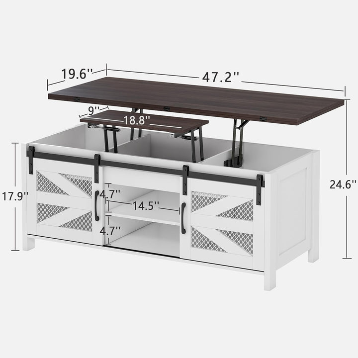 47.2" Lift Top Coffee Table with Sliding Barn Doors, White