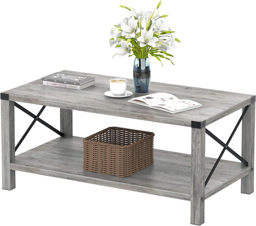 Farmhouse Coffee Table, 2-Tier Industrial Wood Look Grey