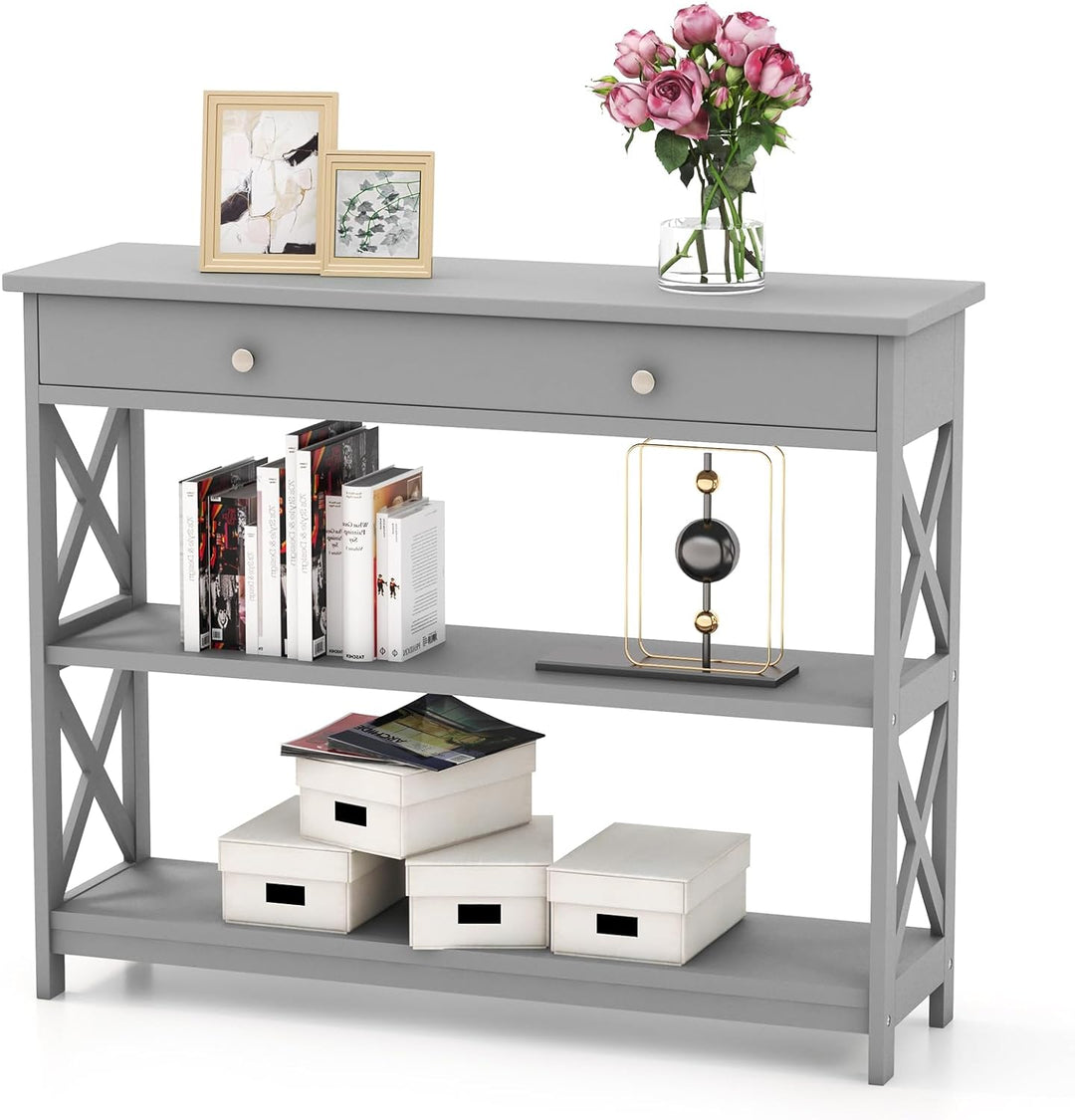 3-Tier Console Table, Wooden Sofa Tables Narrow (Grey)