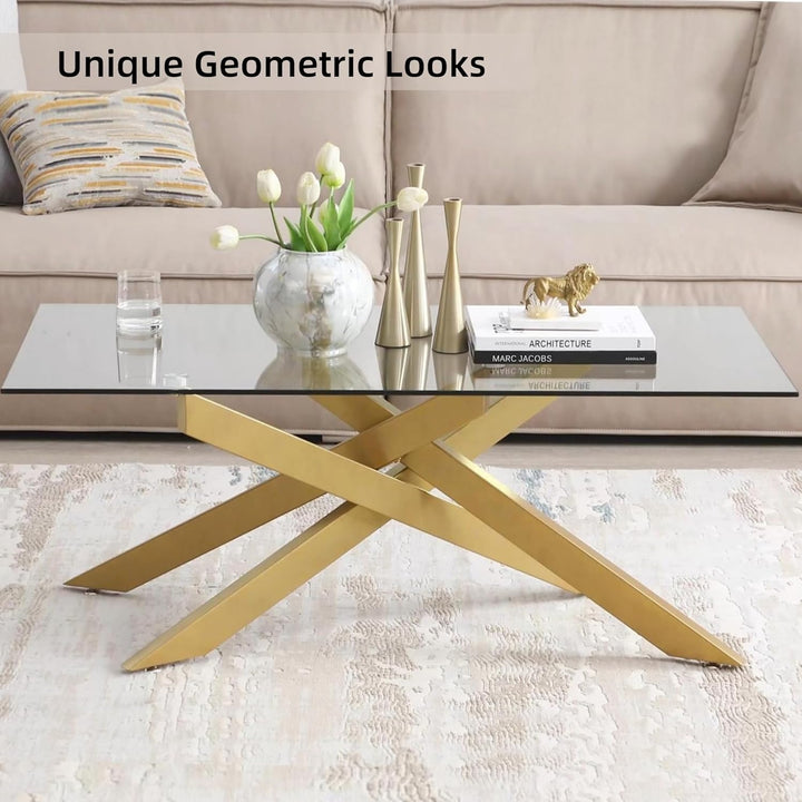 Modern Rectangular Coffee Table, Tempered Glass Top, Metal Legs, Gold