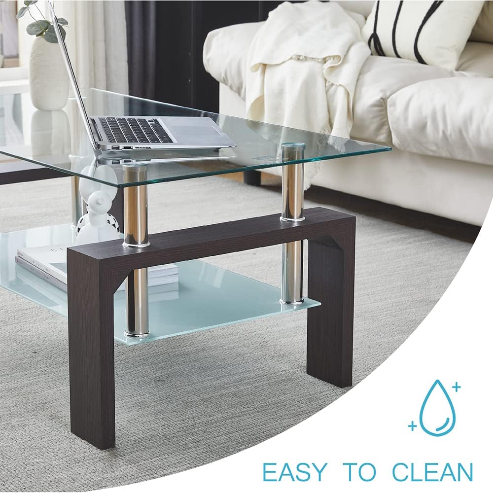 Walnut Rectangular Coffee Table, Glass Tabletop, Adjustable, Brown