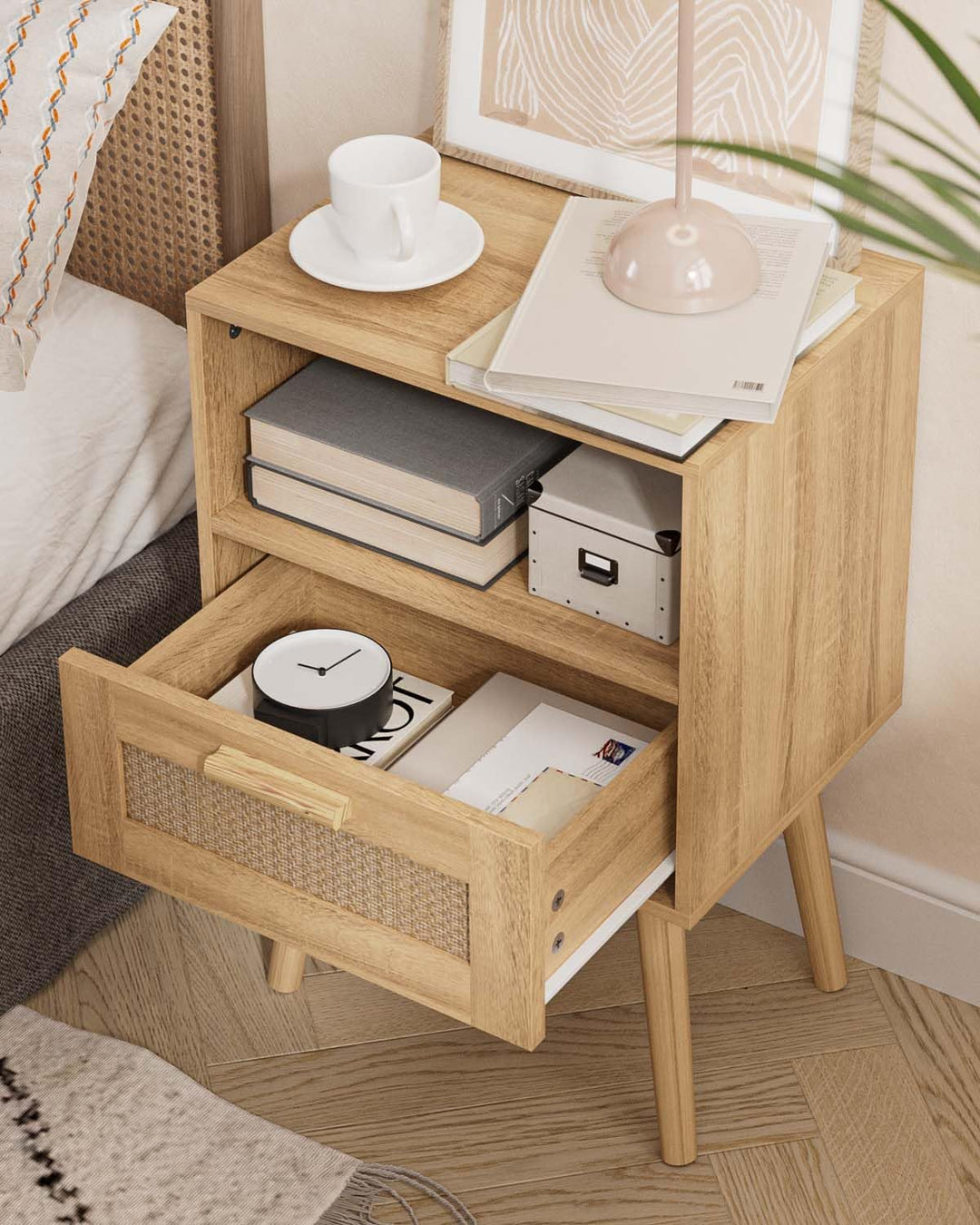 Rattan Nightstand, End Table with Storage for Bedroom