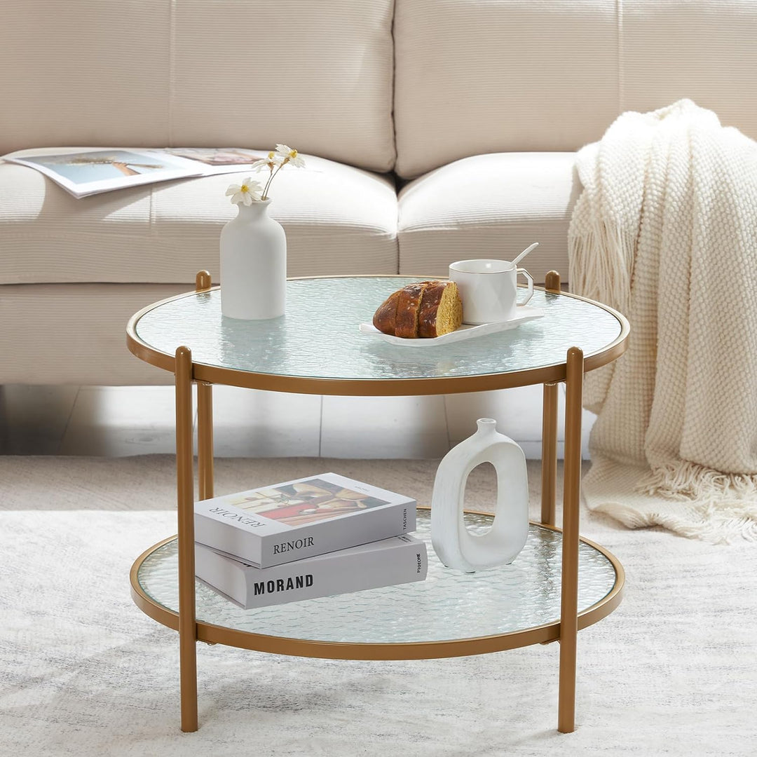 Matte Gold Round Coffee Table, 2-Tier Storage Design, Living Room