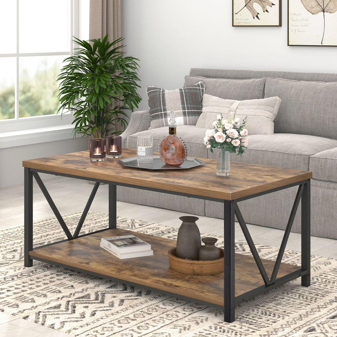 Modern Industrial Coffee Table with Storage Shelf, Rustic Brown