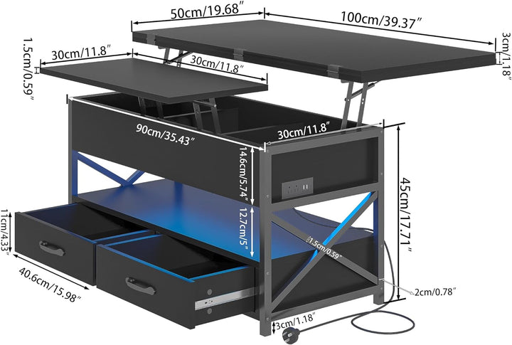 Farmhouse Coffee Table with LED Light, Power Outlet, Hidden Compartments, Black