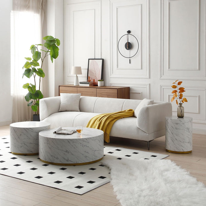 Modern Round Gold Drum Coffee Table, Circle Sofa Table, Marble White