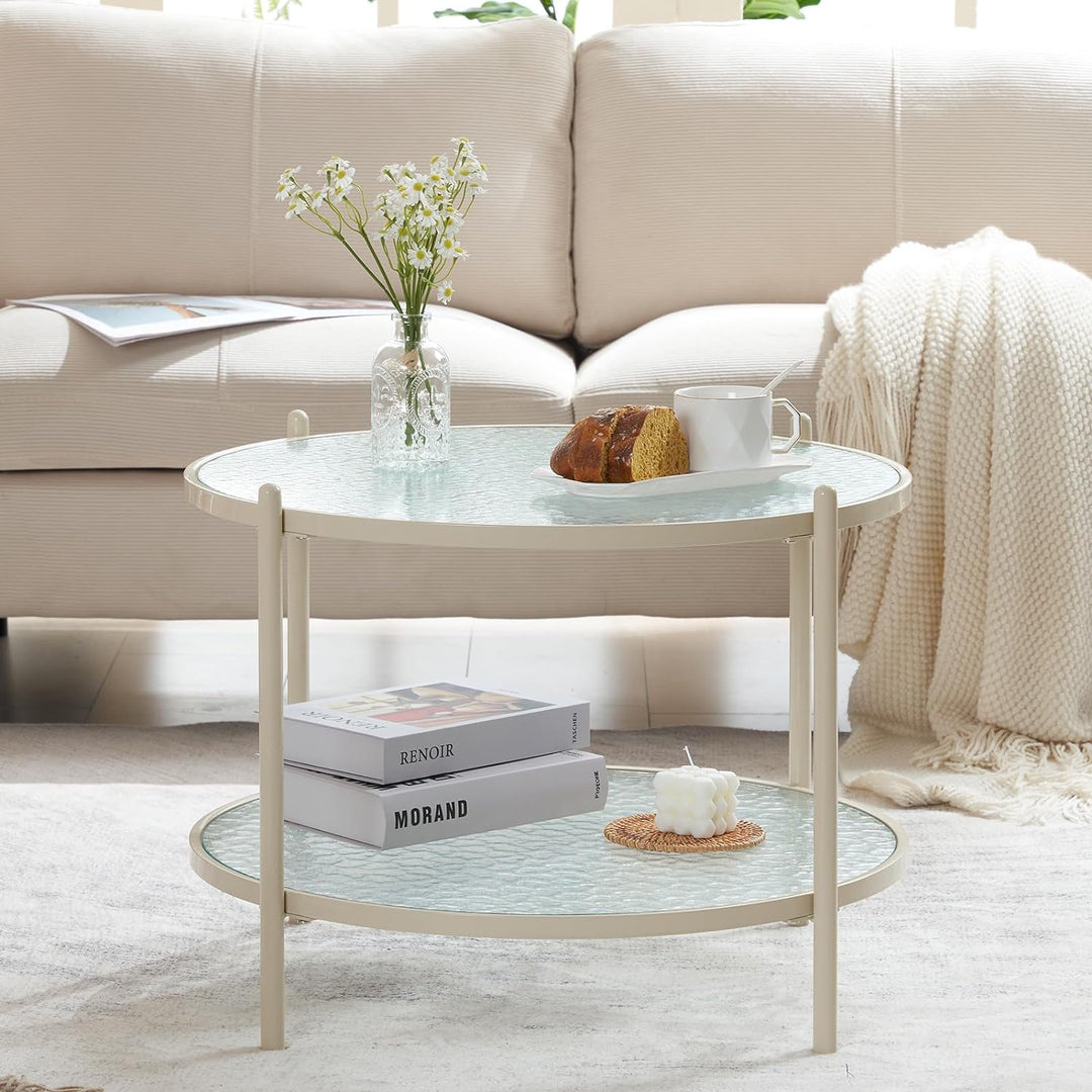 Cream White Round Coffee Table with Water-Wave Glass Circle