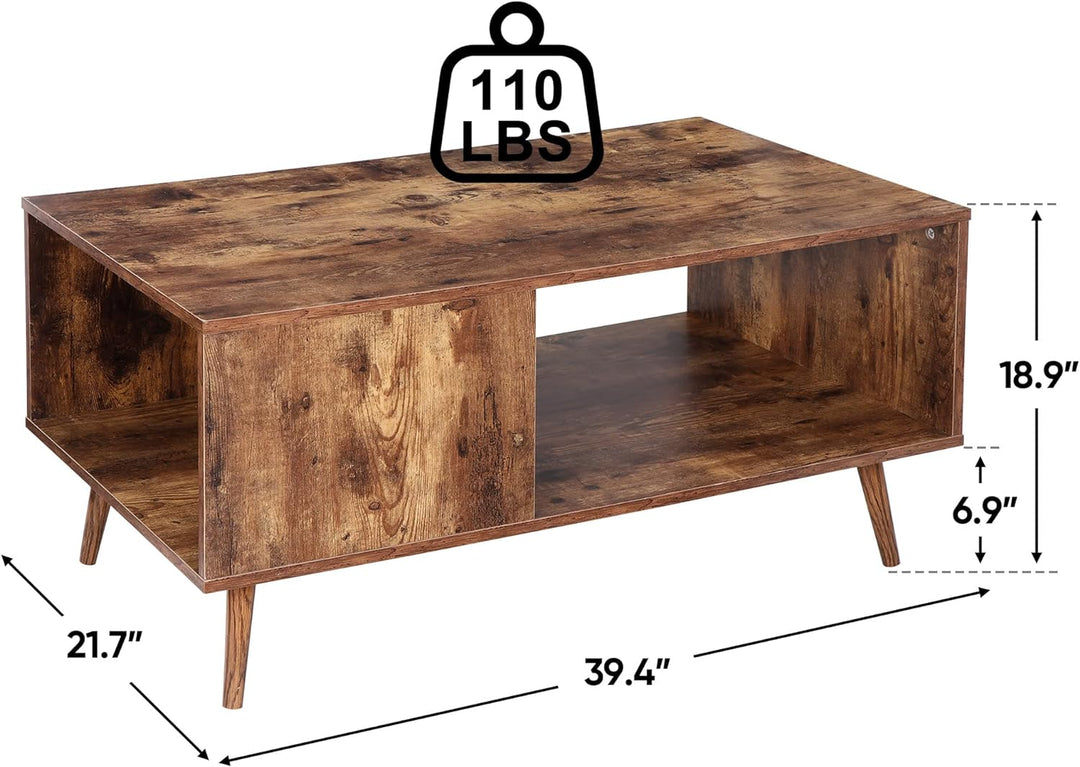 Rustic Brown 2-Tier Wooden Coffee Table with Storage