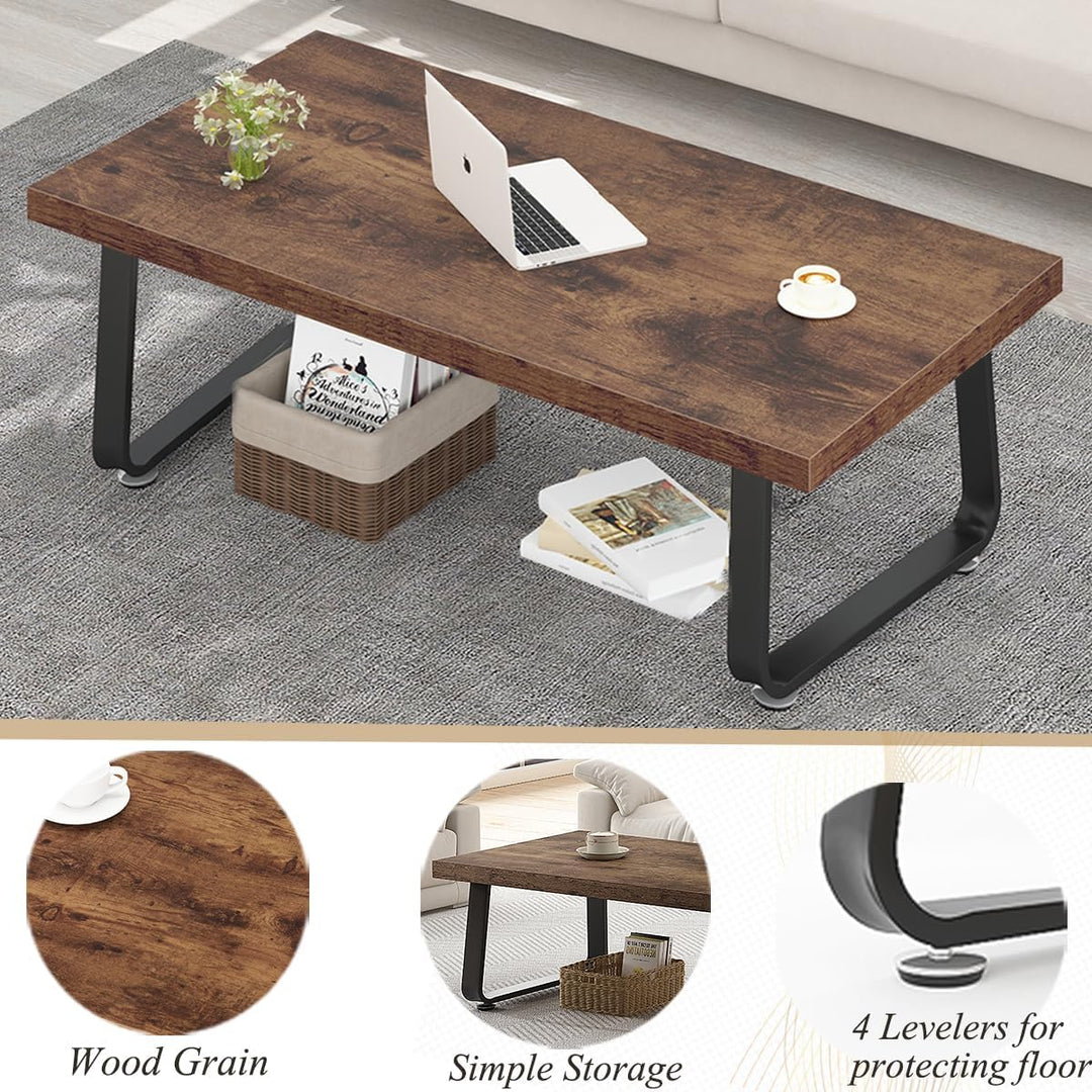 HSH Wooden Coffee Table, Industrial Rectangle Center Table, Modern Minimalist Living Room Furniture, Rustic Brown