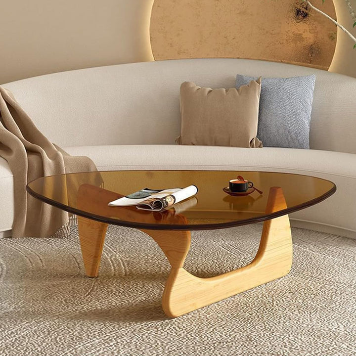 Triangle Glass Coffee Table, Mid-Century Modern End Table, Living Room (Raw Wood/Brown)