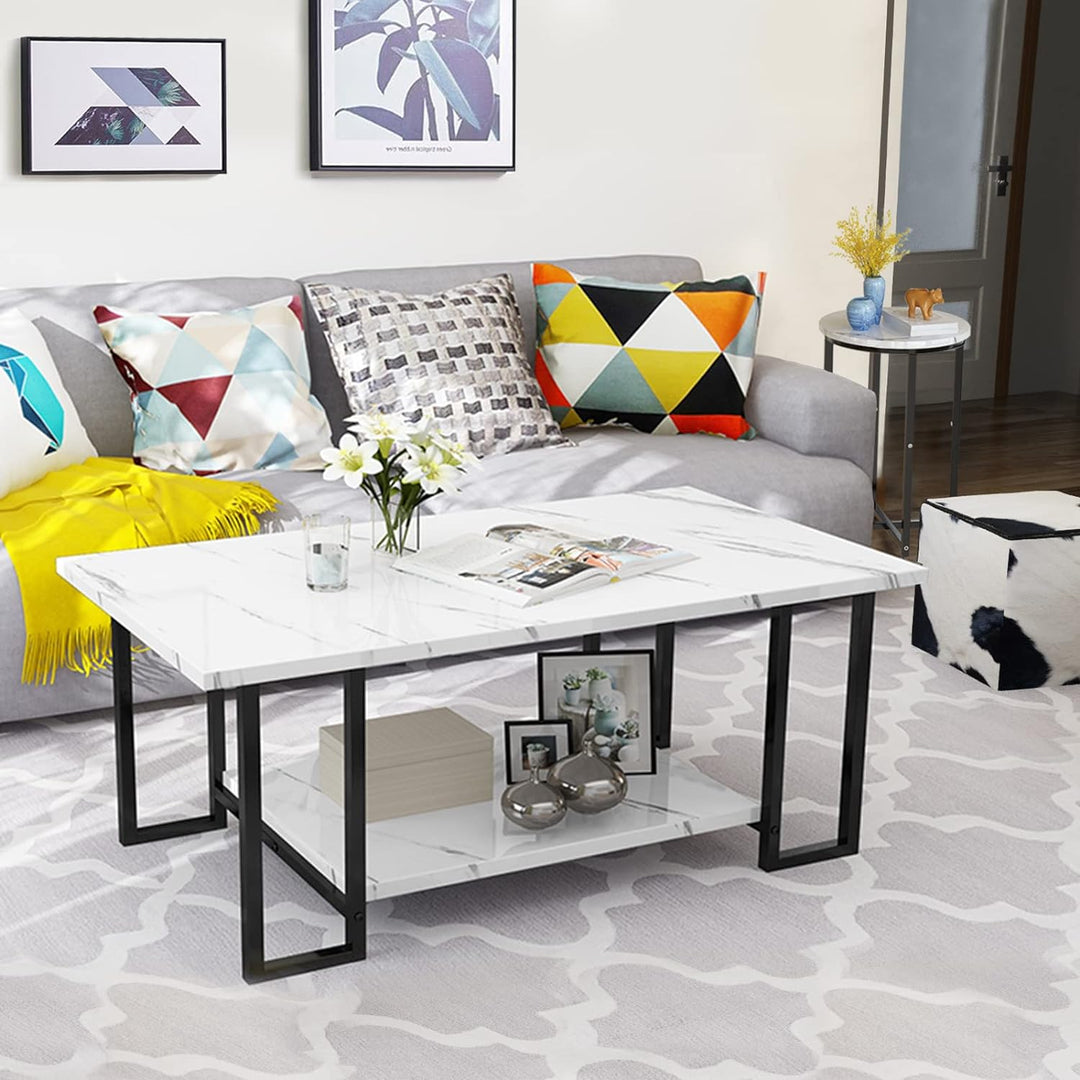 Faux Marble Coffee Table Set, Modern Living Room Tables, White, Black