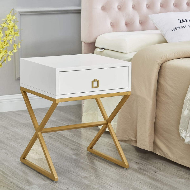 Modern Side Table with Drawer End Table White/Gold