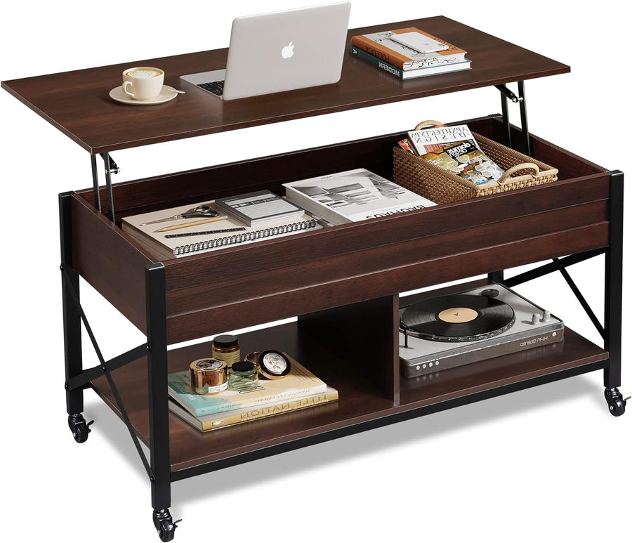 Lift Top Coffee Table with Hidden Storage, Metal Frame, Espresso