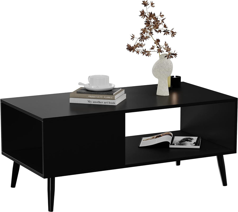 Yusong Modern Wood Coffee Table with Storage Shelf, Black