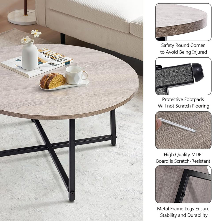 Round Coffee Table - Stylish Modern Small Coffee Table, Grey