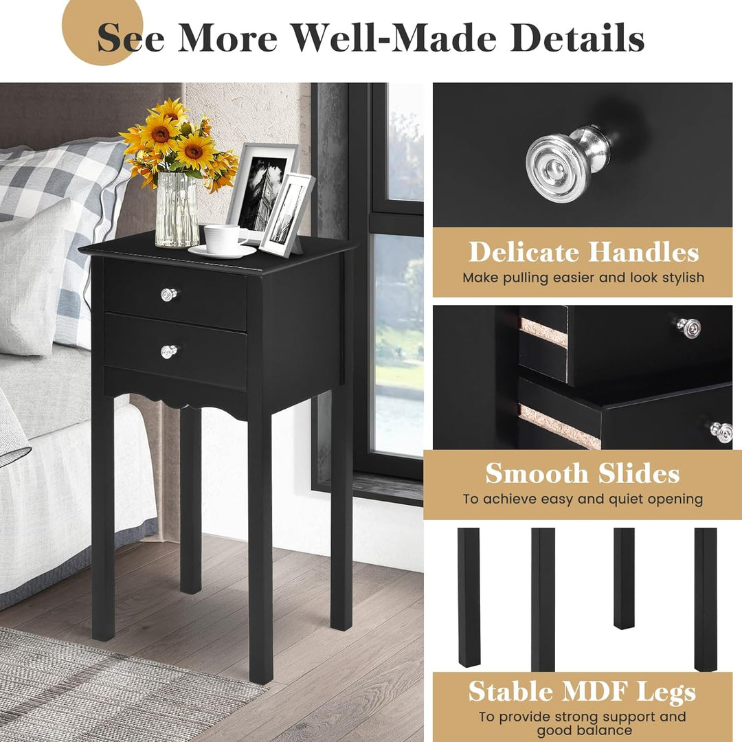 End Table w/ 2 Drawers Side Table Nightstand Black