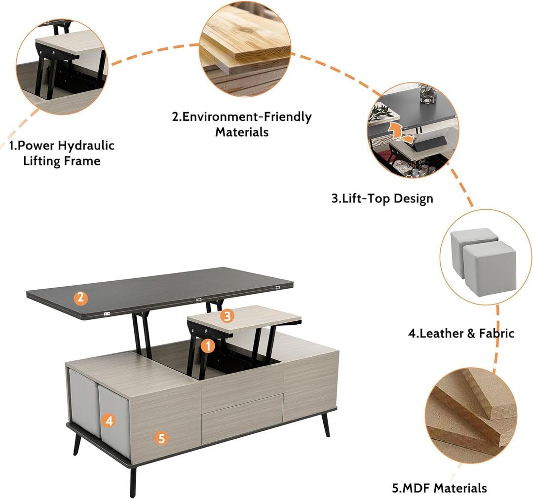 Versatile Lift-Top Coffee Table, Convertible to Dining, Dark Grey