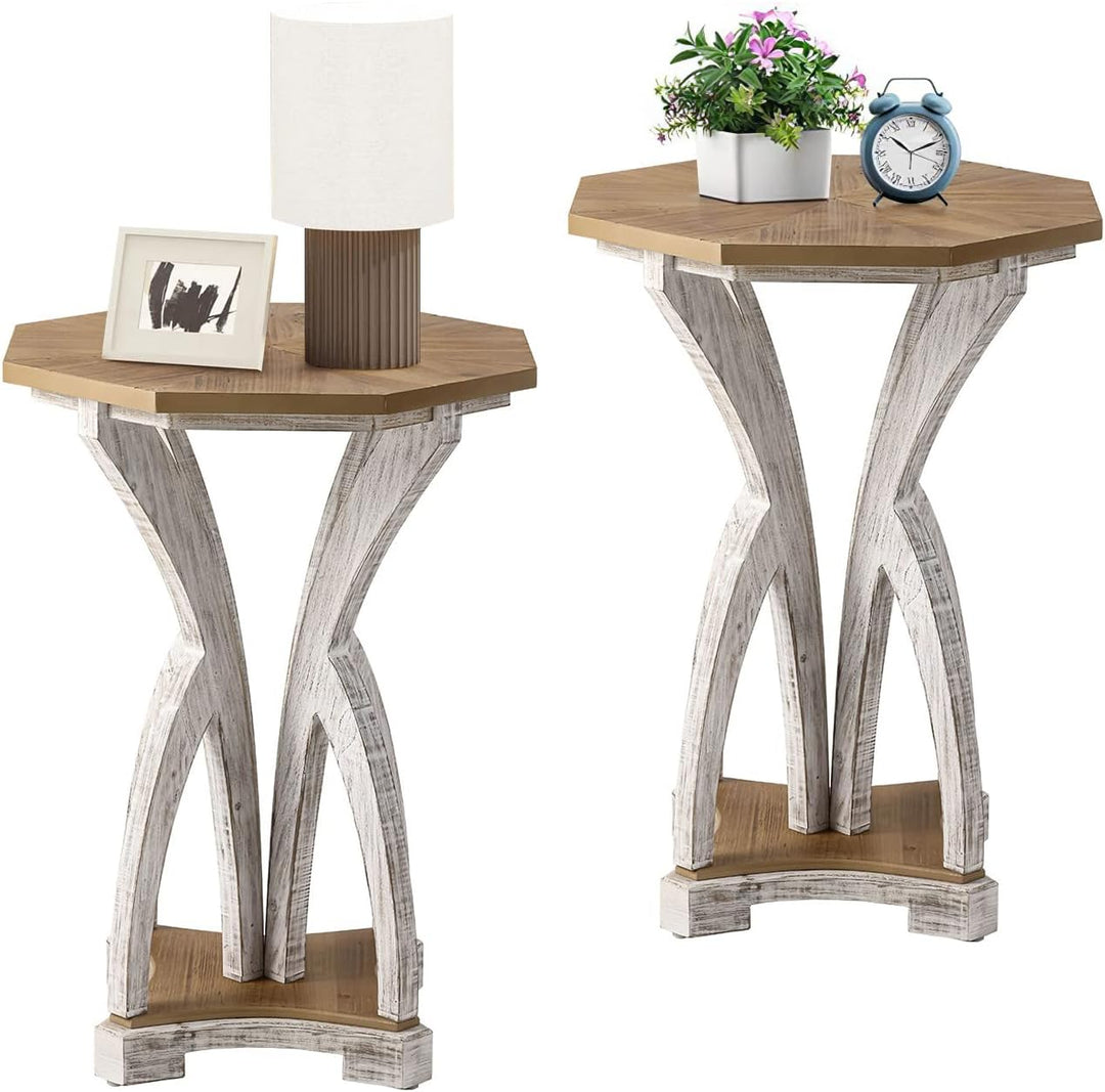 Set of 2 Rustic Accent End Table, Octagonal Farmhouse Wood Side Table