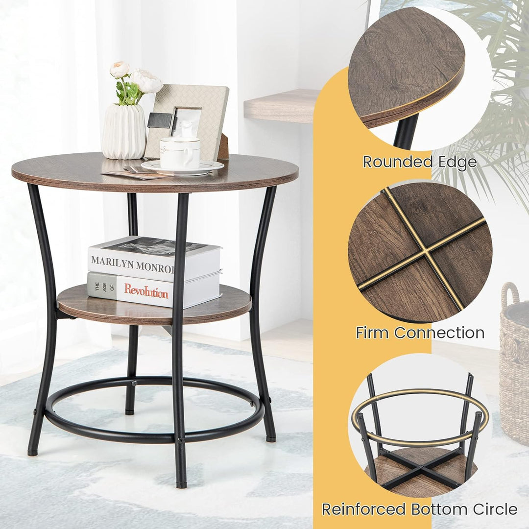 Round End Table, Industrial Side Table with 2 Storage Shelves & Sturdy Metal Frame