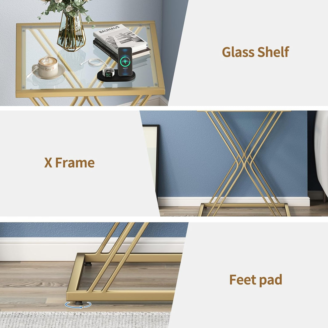 Glass End Table, Gold Side Table, Modern Nightstand