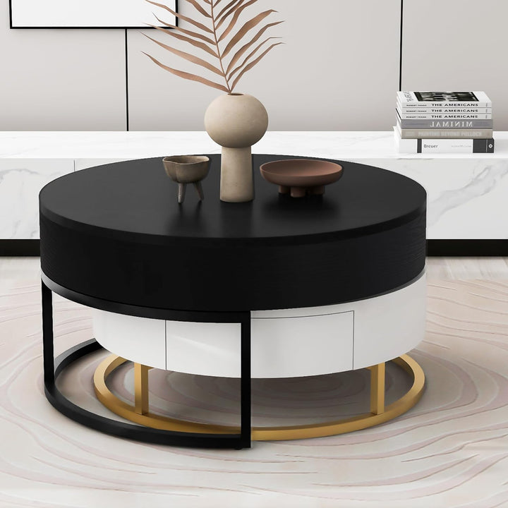 Modern Round Lift-top Nesting Coffee Tables, WhiteBlack