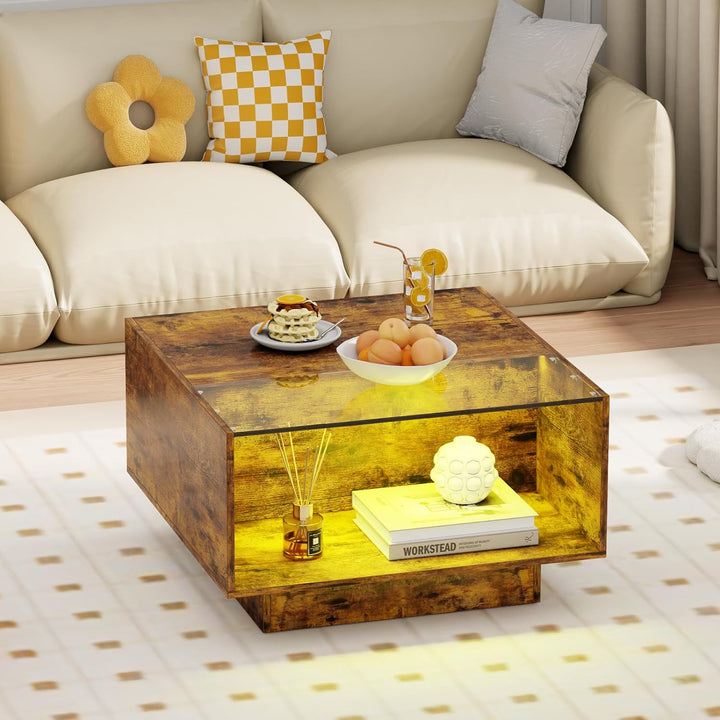 Unique LED Coffee Table with Storage, 16 Color Changing Lights, Rustic Brown