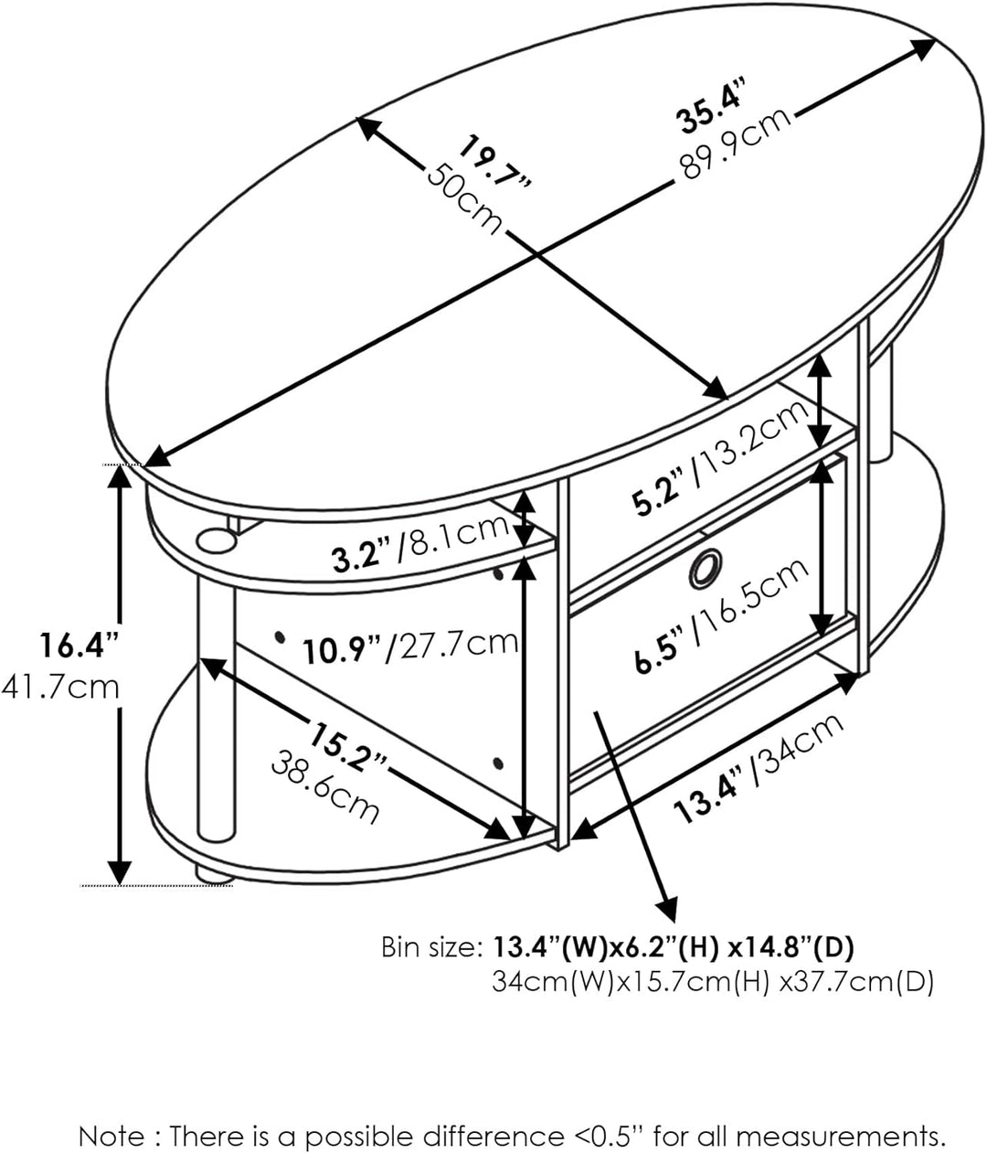 Furinno Jaya Simple Design Oval Coffee Table with Storage Bin