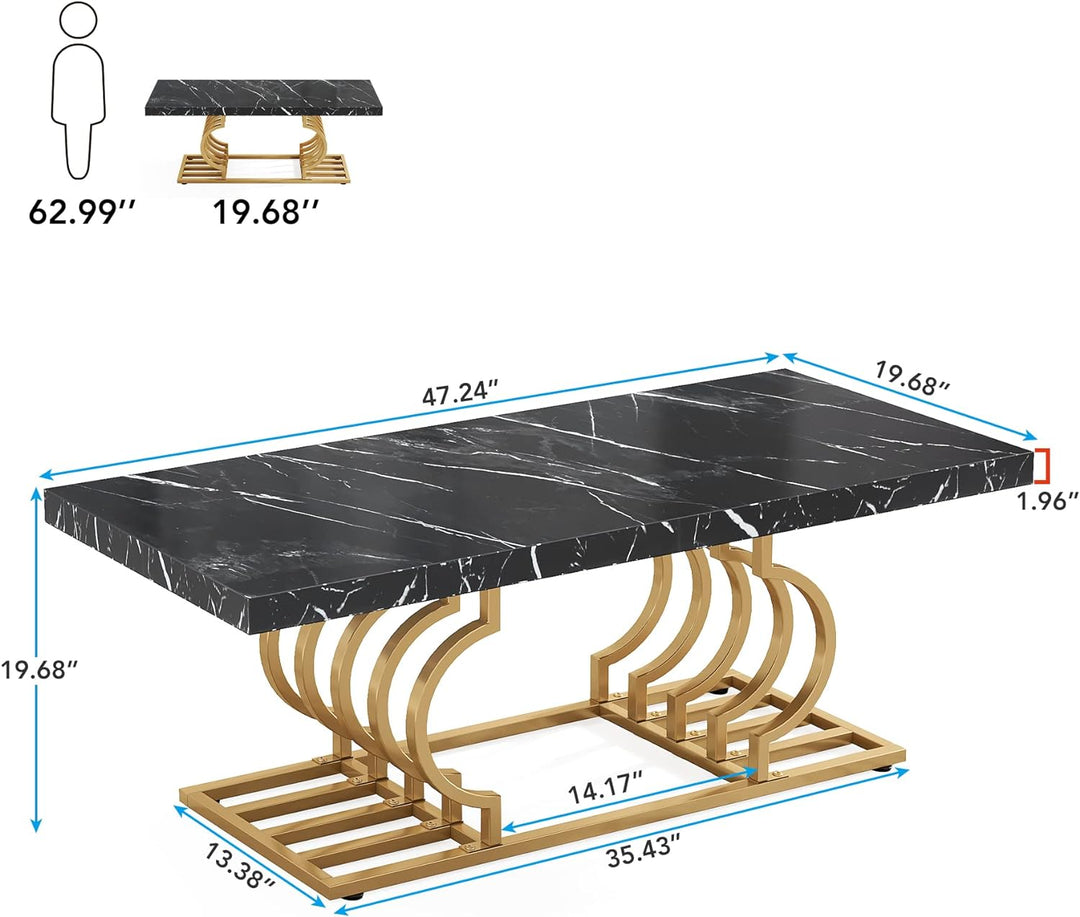 Faux Marble Coffee Table with Geometric Frame, Black and Gold