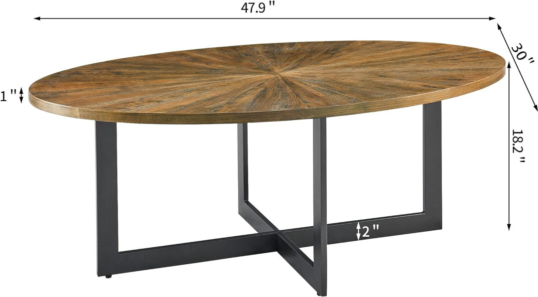 Rustic Oval Coffee Table with Cross Metal Legs, Solid Wood