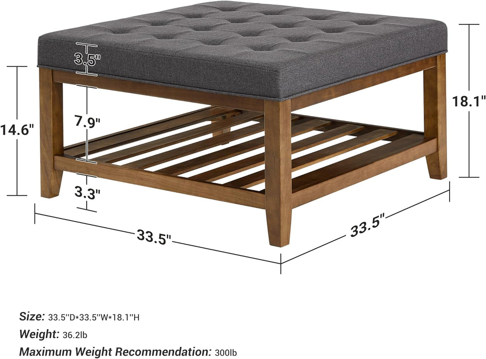 34" Square Ottoman Coffee Table, Button Tufted Upholstered, Dgrey