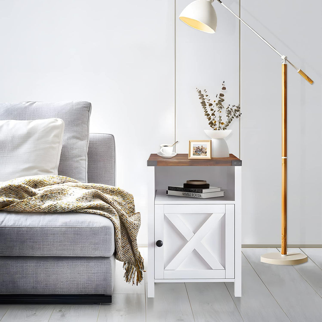 Farmhouse End Table, Rustic End Table with Barn Door and Shelf