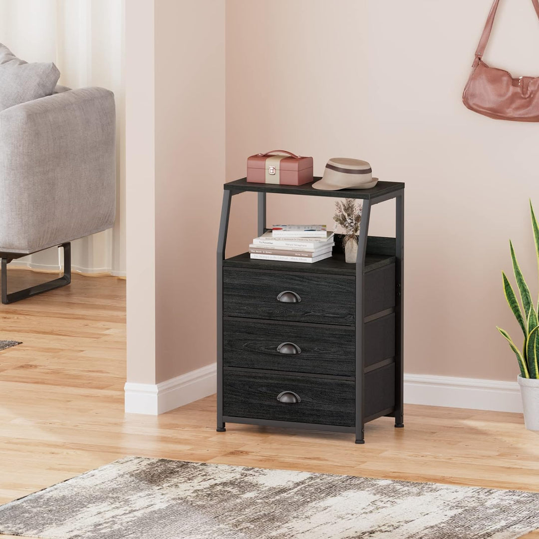 Black Dresser, 3 Fabric Drawers, 2-Tier Shelf