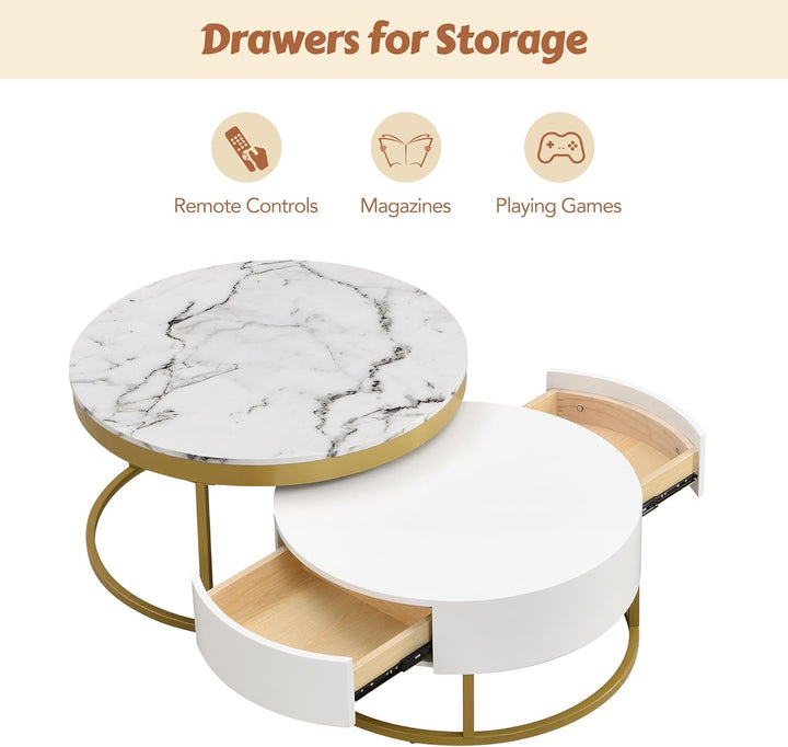 Round Coffee Table Set, Modern End Tables, Stacking Side Tables, 31.5"gold&white