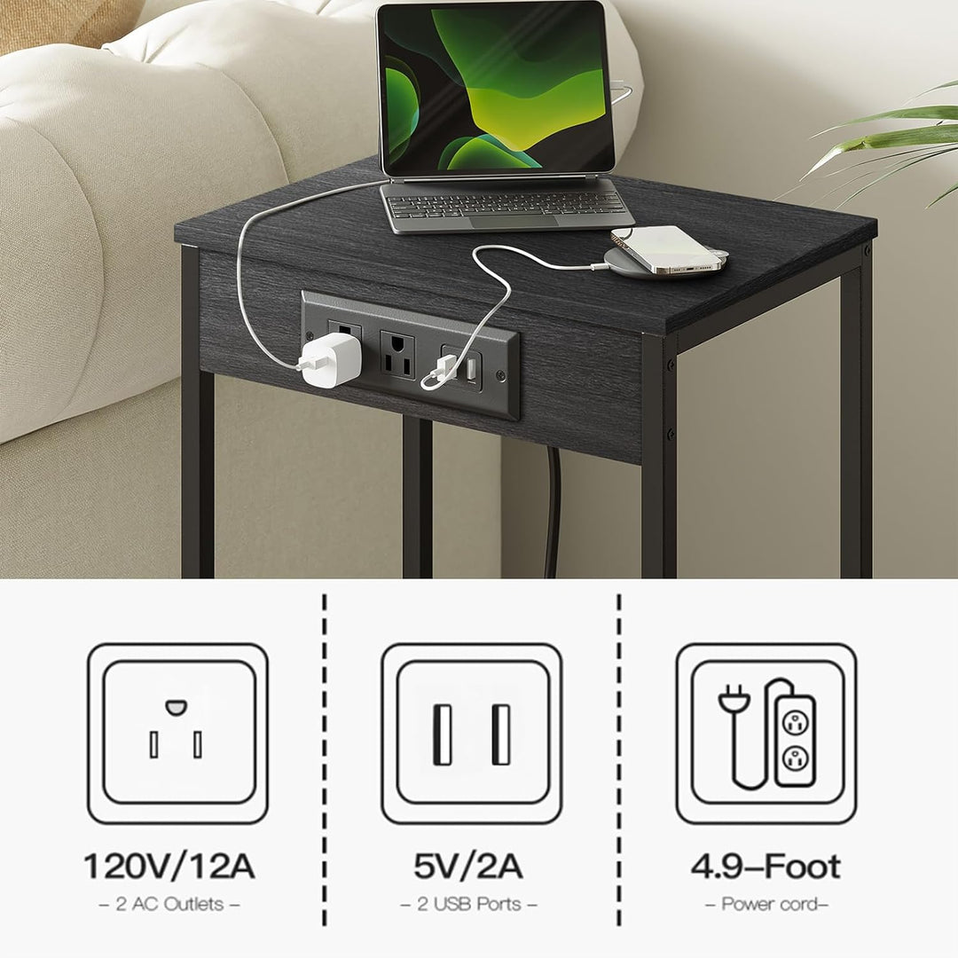 Tall Side Table w/ Charging Station, Black Table