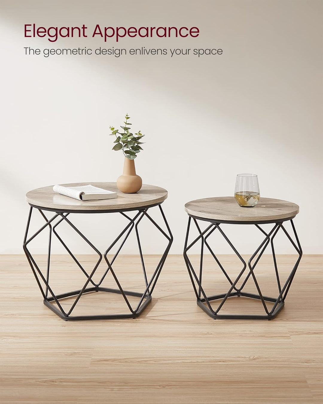 Versatile Small Coffee Table Set, Round Side Tables, Greige and Black