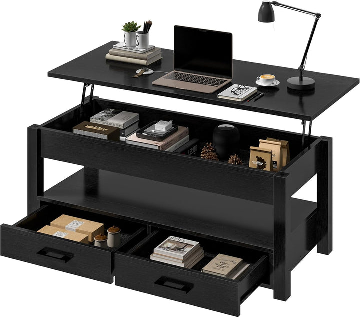 Lift Top Coffee Table with Storage, Open Shelf, Black