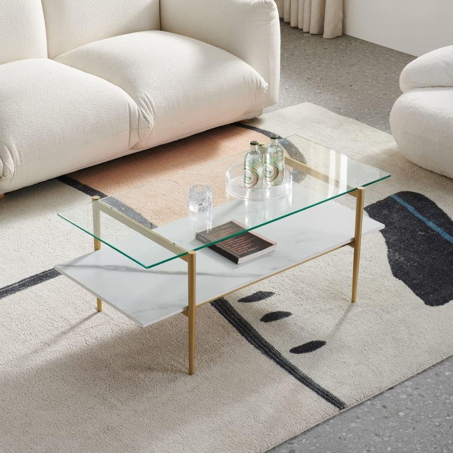 Elegant Glass Coffee Table, Double Layer Design, Gold Frame