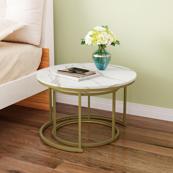 White Nesting Coffee Table Set, Wooden Marble Pattern, Adjustable Feet