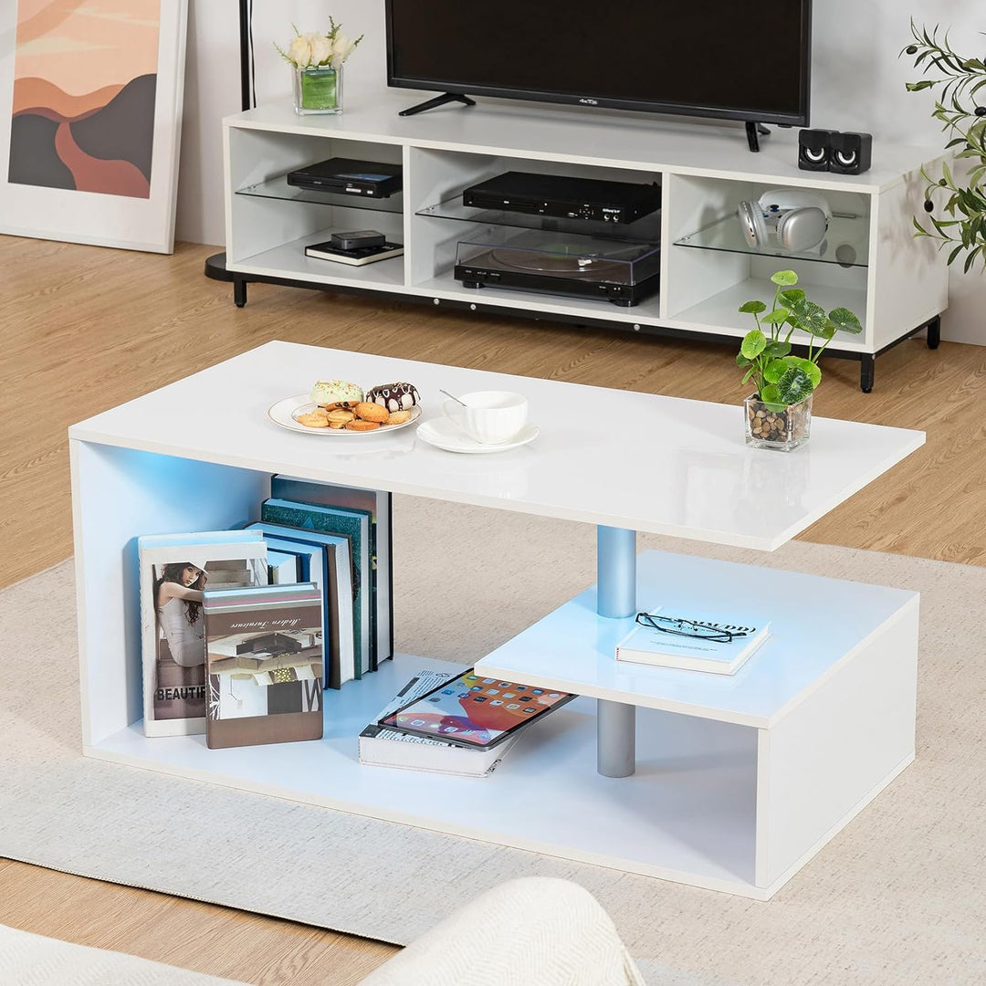 Modern White Coffee Table with S-Shaped 3 Tiers Open Storage Shelf, High Gloss Center Sofa Tea Table with LED Lights, White