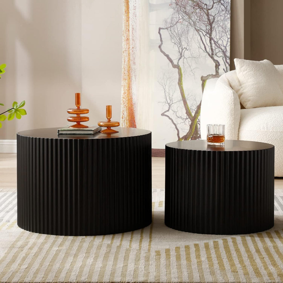 Elegant Round Nesting Coffee Table Set, Modern Fluted Drum, Black