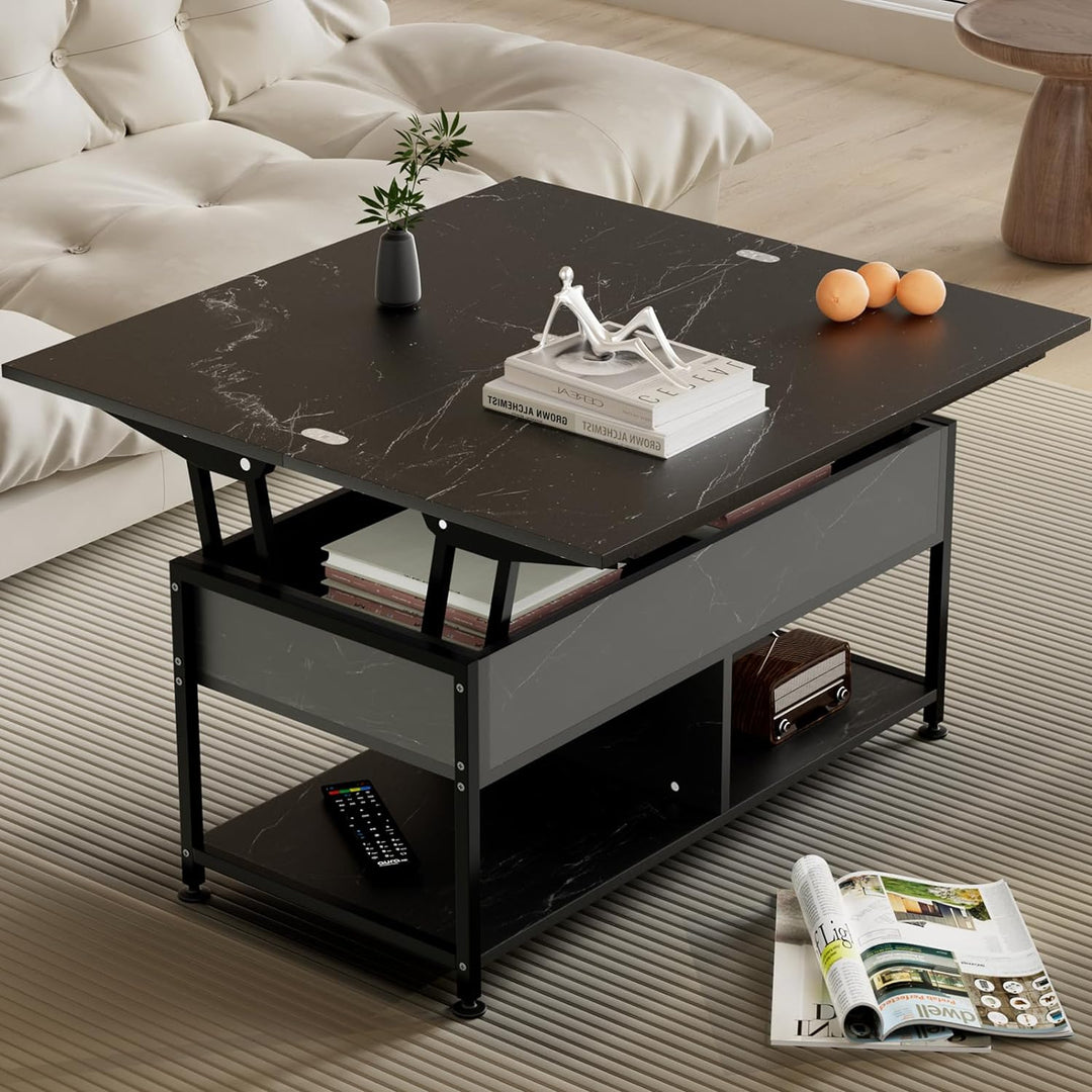 Lift Top Coffee Table with Storage, Marble Pattern, Gray