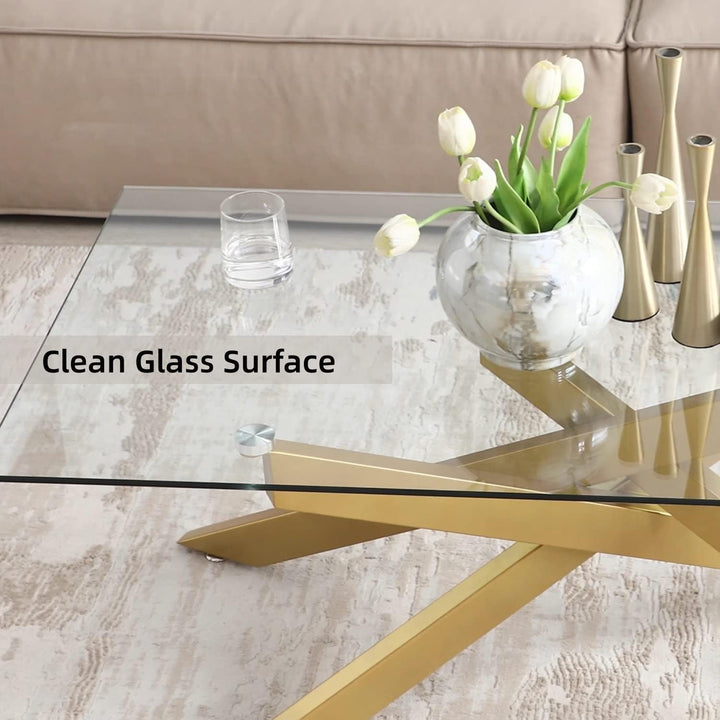 Modern Rectangular Coffee Table, Tempered Glass Top, Metal Legs, Gold