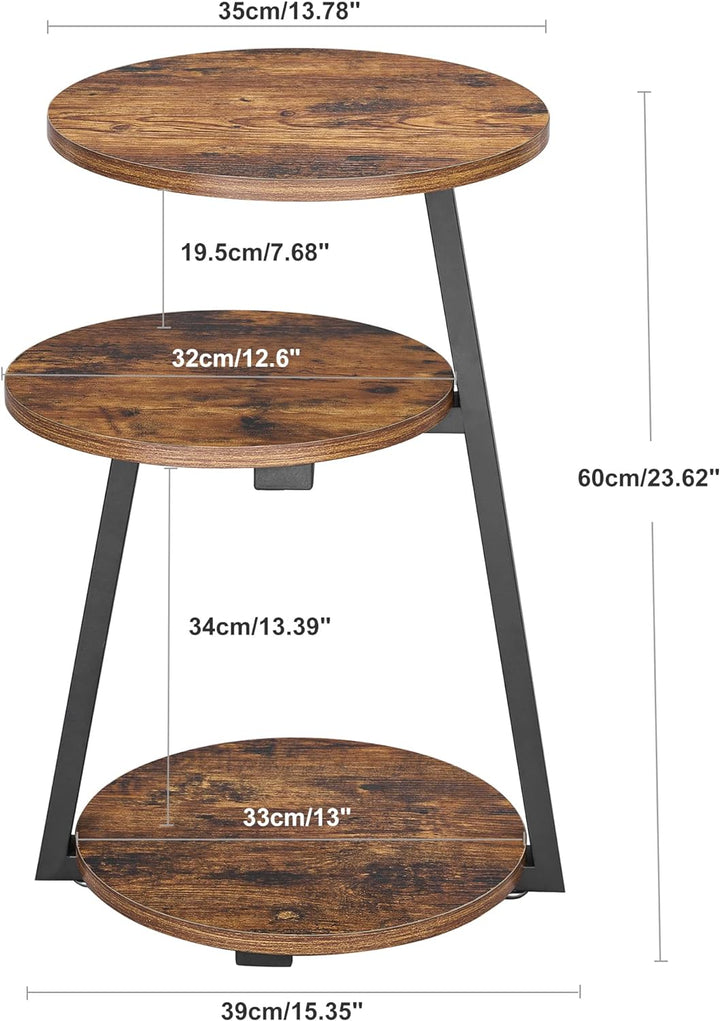 Round End Table 3-Tier Shelves Rustic Brown