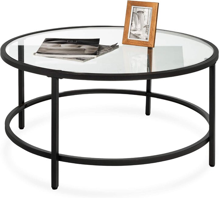 Modern Round Tempered Glass Accent Side Coffee Table, Black