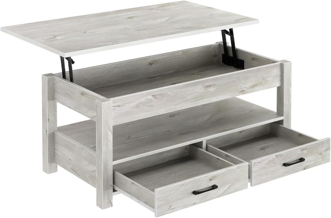 Lift Top Coffee Table with Drawers and Hidden Compartment, Grey