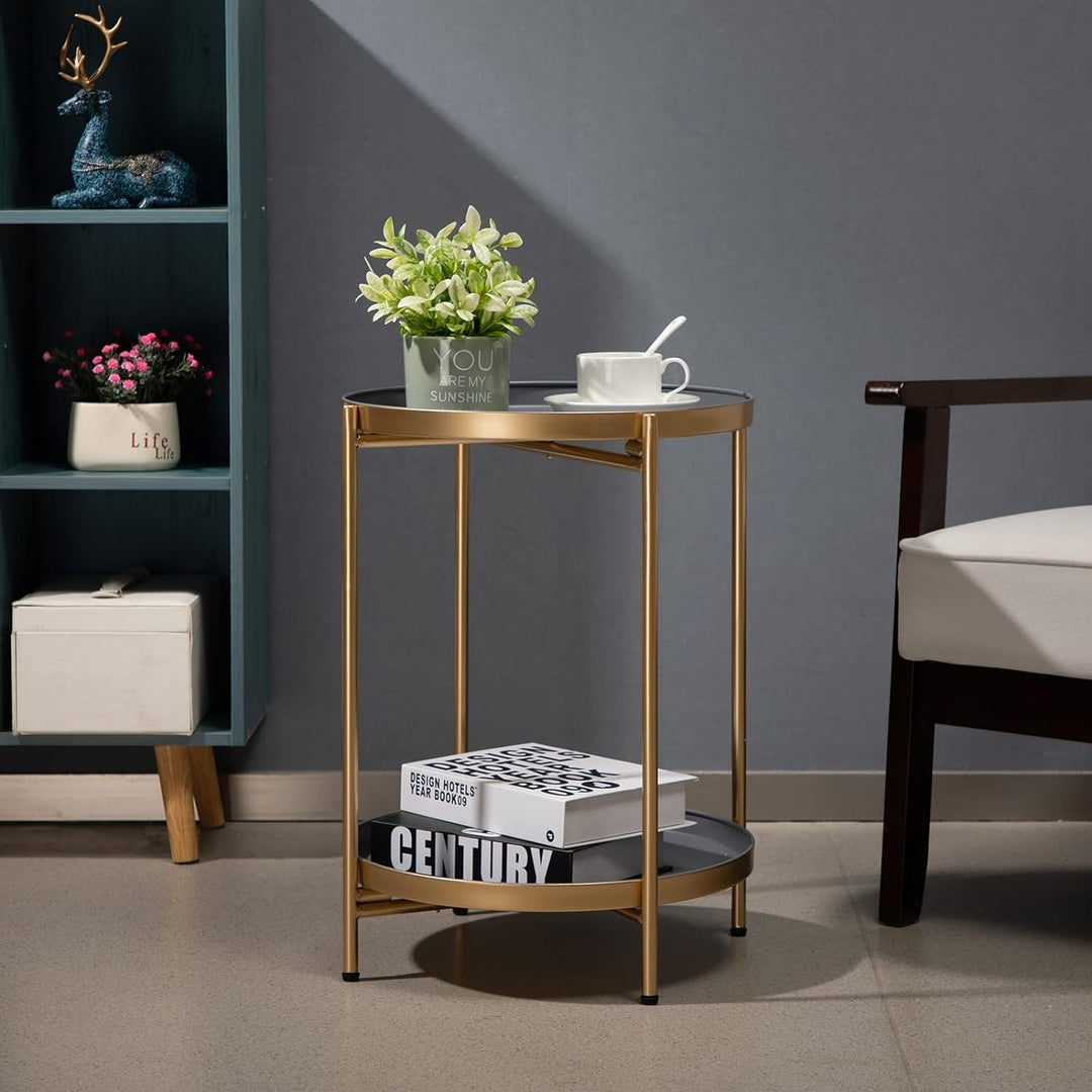 2-Tier Round Metal End Table, Gold&Grey, 15.75"x20.47