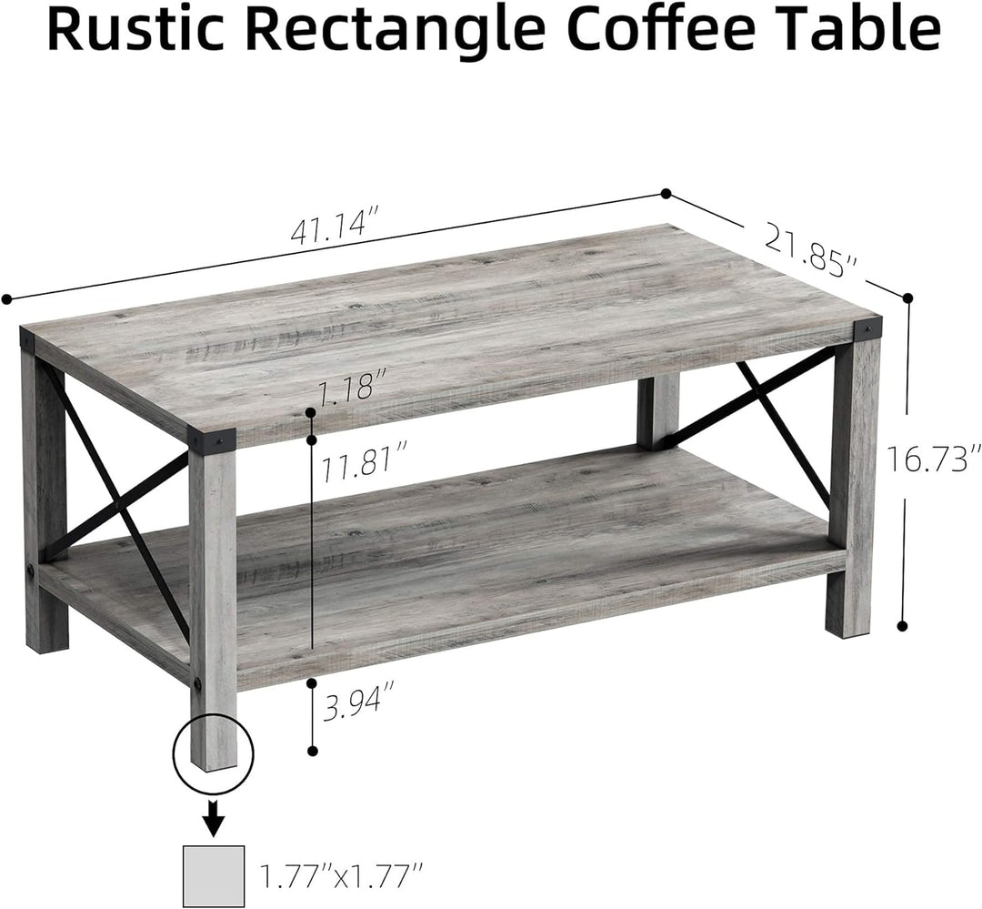 Farmhouse Coffee Table, 2-Tier Industrial Wood Look Grey