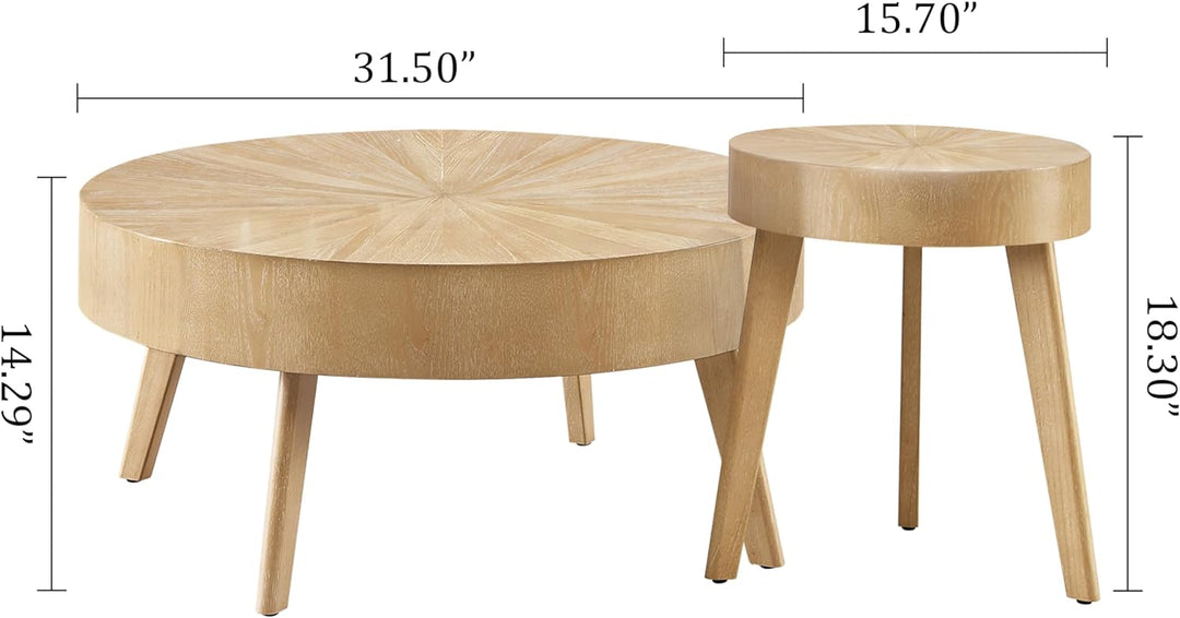 Nesting Round Oak Wood Coffee Table Set, Light Brown 02-set 1234