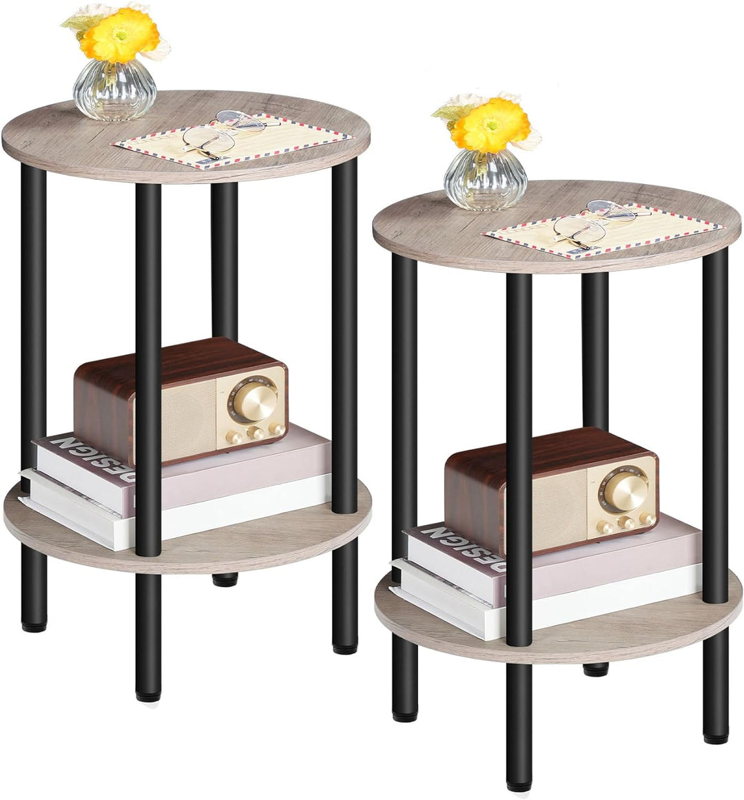 Round Side Table Set of 2, 2-Tier End Table, Greige Black