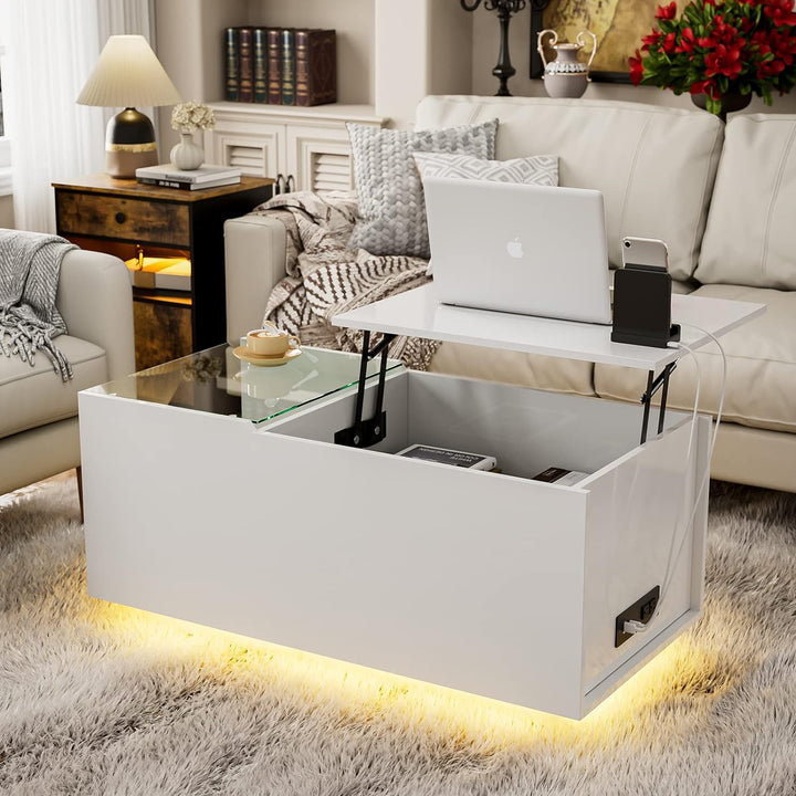 Lift Top Coffee Table with LED Lights and Charging Station, White